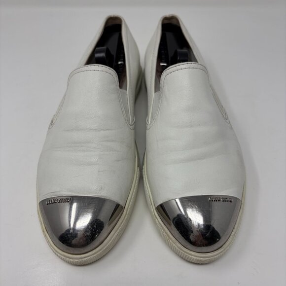 Miu Miu Metal Cap Toe Slip-On Sneakers Womens 38 1/2 - 8.5 US White Leather - Picture 2 of 13